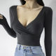 Purely Sensual and Sexy, Deep V-Neck Long-Sleeved T-Shirt for Women, Early Spring New Korean Style Slim-Fit High-Waisted Crop Top