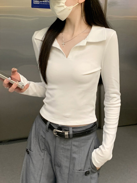 Casual and Stylish Slim-Fit Polo Collar Base Shirt for Women, Early Spring, Petite, Slimming, Versatile, Short, Elegant Top