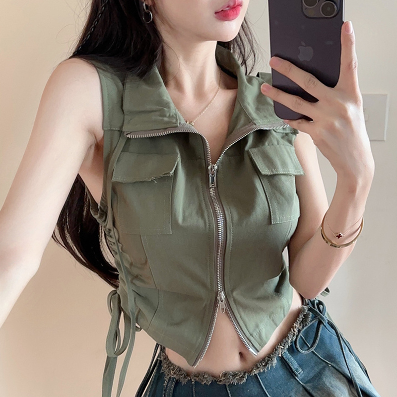 American Retro Polo Collar Zipper Work Vest for Women, New Summer Style Sexy Drawstring Curved Hem Short Vest