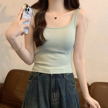 Pure Desire Style Square Neck Vest with Chest Pads in Mint Green for Women, Summer Slim-Fit Short Sleeveless Top for Petite Spicy Girls