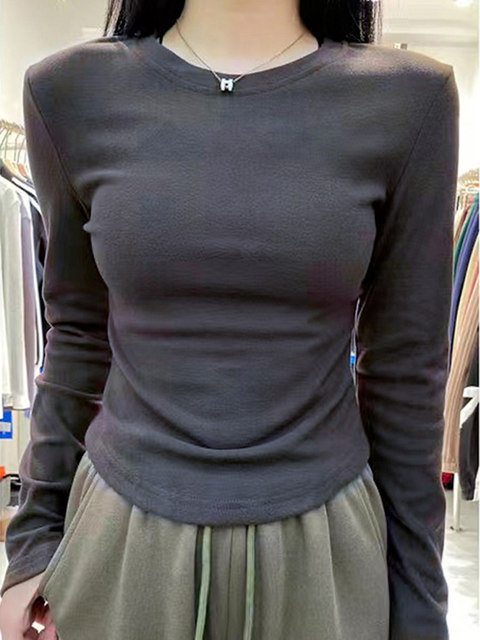 Warm Thermal Base Layer Shirt 2024 New Style for Women, Autumn and Winter, Curved Hem, Slim Fit, Petite Size, Round Neck, Long Sleeve T-Shirt for Women