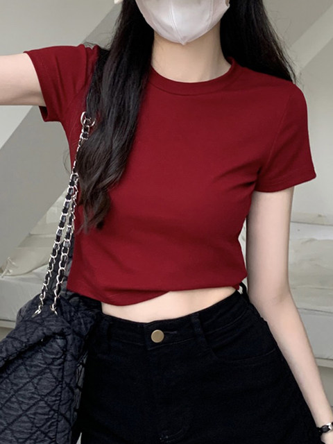 Casual Basic Round Neck Short-Sleeved T-Shirt for Women, New Summer Style, New Year Red, Slim Fit, Slimming, Navel-Baring Short Top