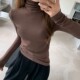Autumn and Winter New Hong Kong Style Ribbed Fleece-Lined Long-Sleeve T-Shirt for Women, Slim Fit, High Collar, Brushed and Thickened Inner Layer Base Shirt