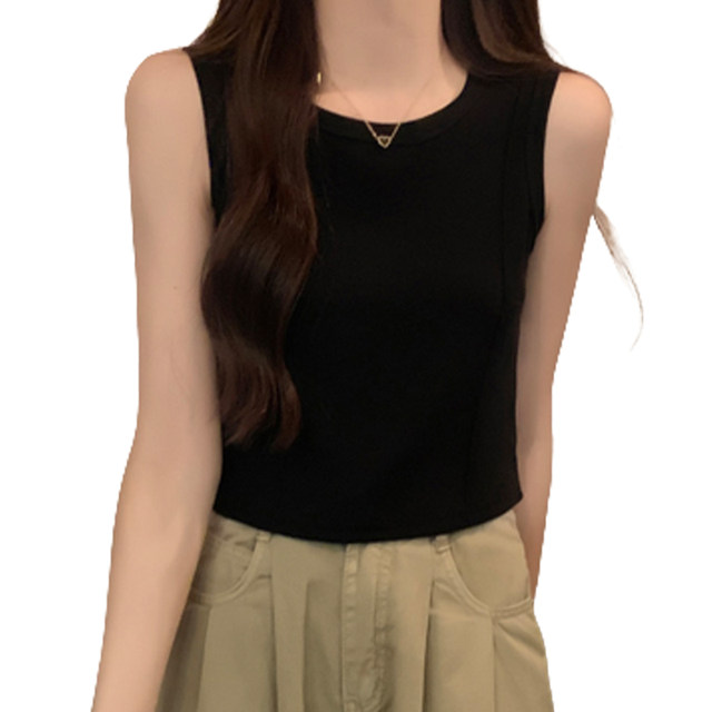 ins Simple White Round Neck Base Shirt for Women, Early Autumn New Style, Petite Fishbone Line Slim Fit Short Layered Vest