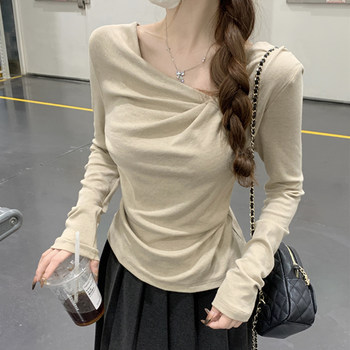 Solid Color Simple and Elegant Slim-Fit T-Shirt for Women 2025 Autumn Irregular Off-Shoulder High-End Draped Neckline Top