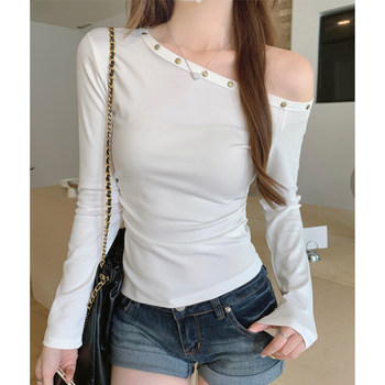 American-Style Spicy Girl Off-Shoulder Studded Long-Sleeve T-Shirt for Women, Spring Pure Desire White Waist-Cinching Slimming Off-Shoulder Base Top