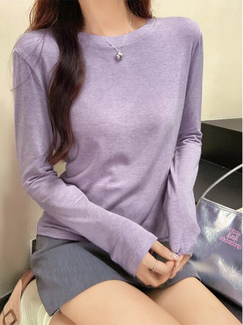 Korean Style Candy-Colored Soft Round-Neck T-Shirt for Women 2024 Autumn Stretchy Simple Slim-Fit Base Shirt Inner Top