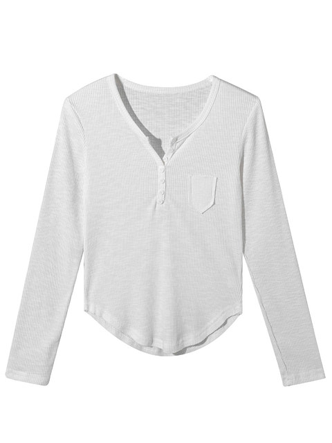 Thin V-Neck White Long-Sleeved T-Shirt for Women 2024 Autumn Design with Curved Hem and Ribbed Short Top