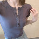 Pure and Alluring Style, Unique Button Half-Open Collar Short-Sleeve T-Shirt for Women, 2023 Summer High-Waisted Short Slim-Fit Bm Top ins