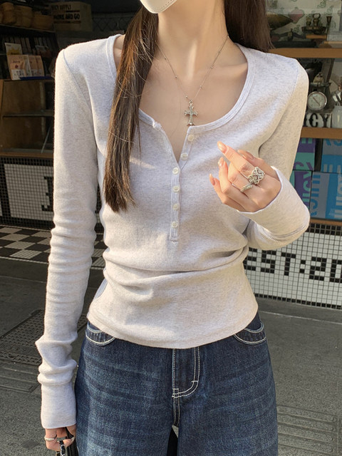 Half-Open Collar, Fashionable and Versatile, Long-Sleeved T-Shirt for Women, 2025 Autumn, Button Design, Inner Wear Pullover Base Shirt