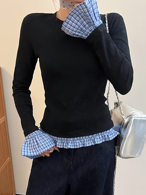 Color-Blocked Faux Two-Piece Polka Dot Lace Bell-Sleeve T-Shirt for Women, Spring Long-Sleeve Slim-Fit High-End Niche Unique Top