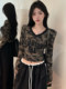 American-Style Spicy Girl Camouflage V-Neck Long-Sleeve T-Shirt, Early Autumn Waist-Cinching Slimming Crop Top, High-End Niche Unique Design Top
