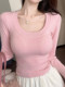 Pure Desire Hot Girl Slim Fit Long Sleeve T-Shirt for Women 2025 Autumn Pink U-Neck Elegant Versatile Simple Short Top