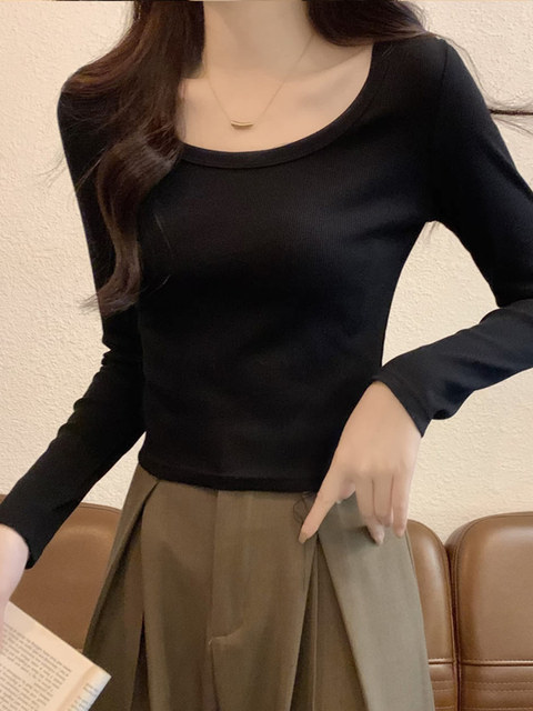 Base Layer Shirt 2026 New Women's Spring Basic Style Brushed Warm Inner Wear Simple Regular Shoulder U-Neck High-Waisted Top ins
