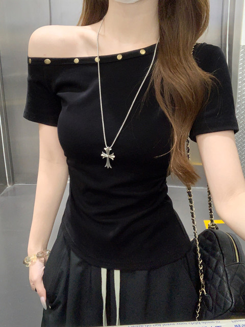 Chic Asymmetrical Waist-Cinching Pleated T-Shirt for Women, Unique and Beautiful Summer Top with Slanted Shoulders, Hot Girl Off-Shoulder Stylish Blouse