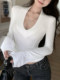 Sexy Deep V-Neck Brushed Thermal Base Shirt for Women, Autumn Super Flattering Top with a Stylish Design, Slim-Fit Short T-Shirt