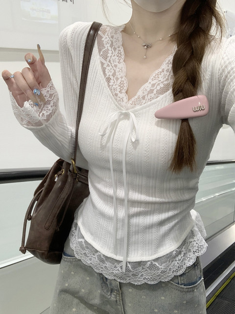 Korean Style Pure and Elegant V-Neck Slim-Fit Blouse for Women, Spring Lace-Trimmed Ruched Tie-Up Jacquard High-End Top ins