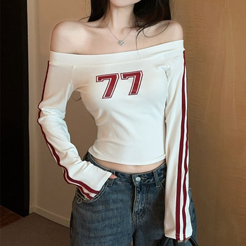 Sexy and Alluring Off-Shoulder Double-Sided Printed Base Shirt for Women, Autumn Wear, Can Be Worn in Two Ways, Slim Fit, American Style, Crop Top