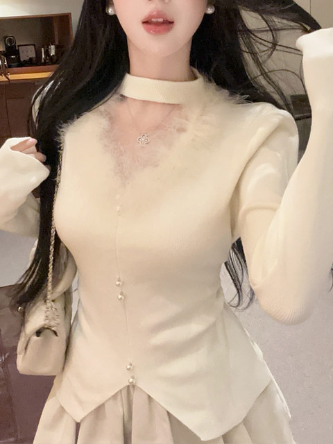 Pure Desire Hot Girl Chic Furry Halter Hollow Sweater Women's Autumn and Winter French Style Irregular Knitted Sweater Top