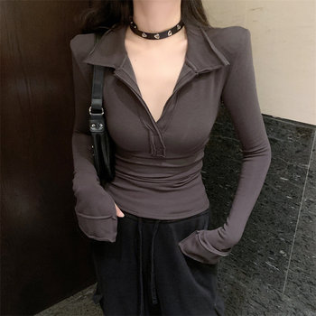 Trendy and Unique Style Fashion Base Layer Women's Autumn High-Waisted Versatile Slim-Fit Fleece T-Shirt