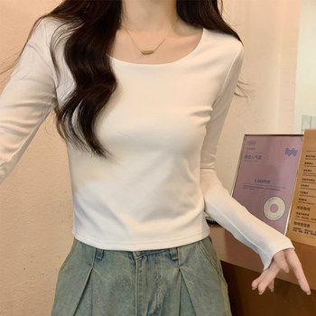 Pure and Elegant Slim-Fit Long-Sleeve T-Shirt for Women, 2025 Autumn U-Neck Stylish Regular Shoulder Base Layer Short Top