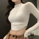 Trendy Ruched Half-High Collar Long-Sleeve T-Shirt for Women, White, New Autumn/Winter Korean Style, Slim Fit, High-Waisted, Short Top