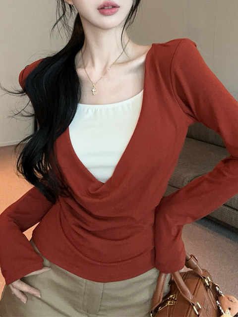 Trendy High-Elastic Slim-Fit Knit Top with Chest Pads for Women, Autumn and Winter Design with Beaded Faux Two-Piece Style and Draped Collar