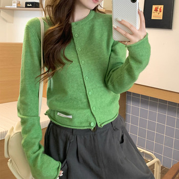 Green Color Enhances Complexion, Youthful and Elegant Long-Sleeve Knit Cardigan for Women, Autumn and Winter Korean Style Chic, Stunning Short Versatile Top