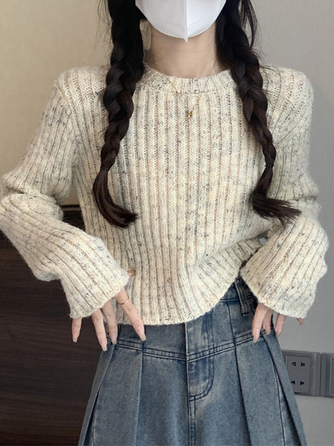 Korean Style Petite Lazy Style Knitted Sweater for Women, Autumn and Winter Versatile, Fine Shimmer, High-End Feel, Round Neck, Short Pullover Top