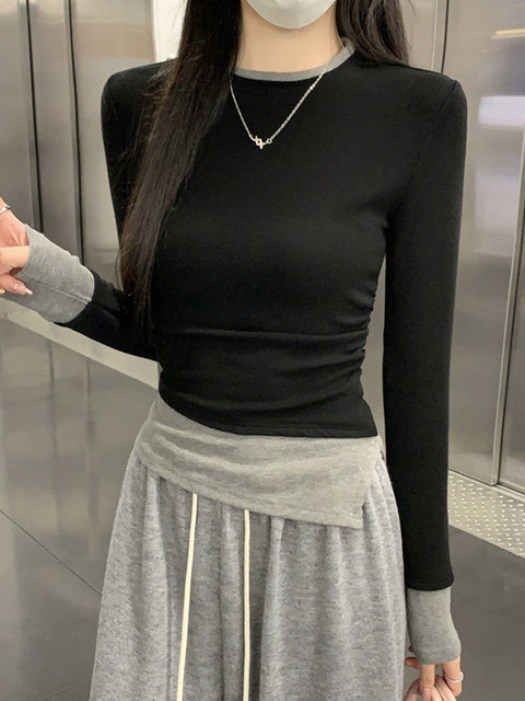 Retro Contrasting Color Splicing Fake Two-Piece Long-Sleeved T-Shirt for Women 2025 Autum Design with Black High-End Tops Underneath