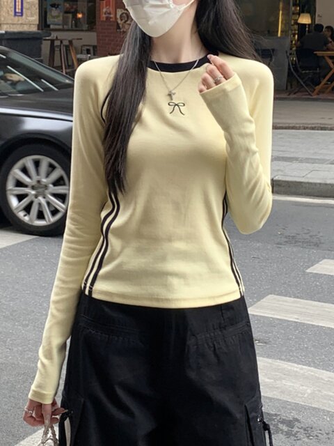 French-Style Sweet Round-Neck Long-Sleeve T-Shirt for Women, 2025 Autumn, Color-Blocked Raglan Stripes, Unique Embroidered Design Top