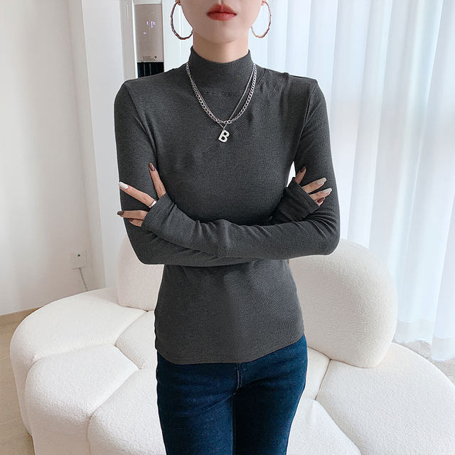 Chic Patchwork Half-High Collar Fleece-Lined Base Shirt for Women, 2023 Early Spring New Slim-Fit Brushed Long-Sleeve T-Shirt Top ins