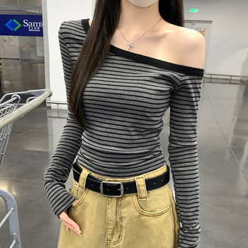 Spicy Retro Style Striped Slim-Fit T-Shirt for Women 2025 Early Autumn Design High-Waisted Cropped Off-Shoulder Top ins