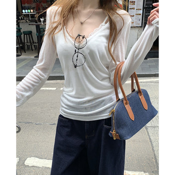 Pure Desire, Discreet and Sexy V-Neck Skin-Friendly Sun-Protective T-Shirt for Women, Spring and Summer Korean Style, Elegant Inner Wear with Lace Camisole Top