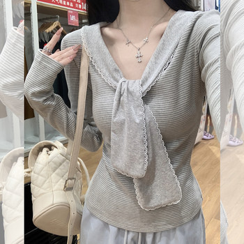 Korean Style College-Style Navy Collar Long-Sleeved T-Shirt for Women 2025 Early Autumn Contrasting Stripes Stunning Design Age-Reducing Top