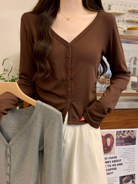High-End Button-Down Long-Sleeve T-Shirt for Women, Autumn and Winter, Pure Desire Style, Brushed for Warmth, V-Neck Base Shirt, Particularly Beautiful, Waist-Cinching Top