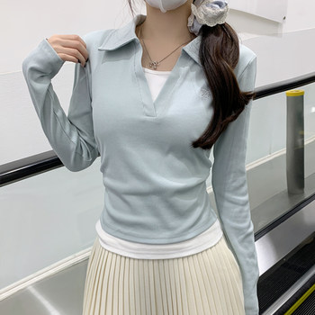 Korean Style Sweet and Elegant Slim-Fit Long-Sleeve T-Shirt for Women, 2026 Spring High-End Faux Two-Piece Color-Block Polo Collar Top
