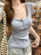 Trendy Square-Neck Short-Sleeve T-Shirt for Women with Exposed Collarbone, Summer French-Style High-End Lace Trim and Button Design Top
