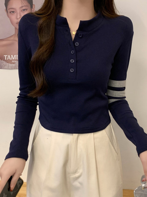 Half-Open Collar Casual Striped Long-Sleeve T-Shirt Top for Women, Spring Season, Black, High-End Feel, Buttoned, Slim-Fit, Short Style, Base Shirt