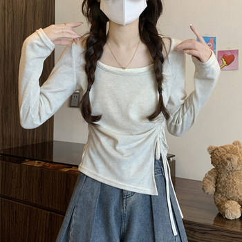 American-Style Sweet and Spicy Drawstring Ruched Long-Sleeve T-Shirt for Women, 2025 Autumn, Color-Blocking, Fake Two-Piece, Irregular Design Top
