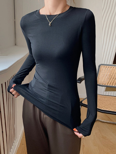 Korean Style Round Neck Modal Long-Sleeved Bottoming Shirt for Women, New Autumn Style, Simple Black Slim Fit Inner Top