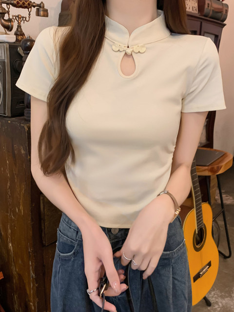 Summer 2025 New Style New Chinese-Style Hollow-Out Short-Sleeve Base Shirt, Improved Cheongsam with Button Closure, Short Fashionable Versatile Top