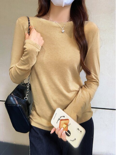 Korean Style Candy-Colored Soft Round-Neck T-Shirt for Women 2024 Autumn Stretchy Simple Slim-Fit Base Shirt Inner Top