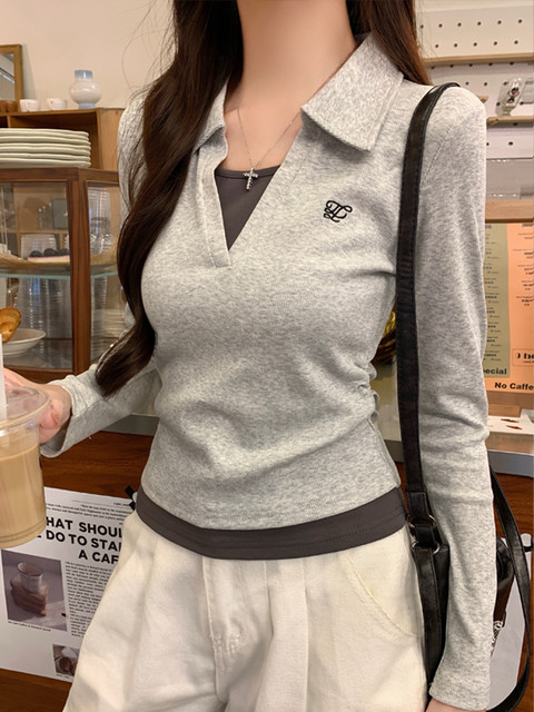 Blue Polo Collar Long-Sleeve Base T-Shirt for Women, 2025 Autumn, Versatile Style, Can Be Both Edgy and Sweet, Faux Two-Piece, Embroidered, Ruched, Complexion-Enhancing Top