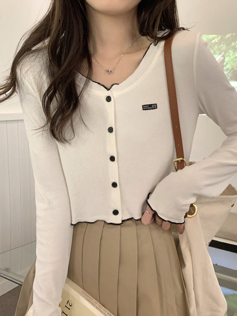 French-Style Age-Reducing Color-Blocked Ruffled Long-Sleeve Cardigan for Women, New Spring/Summer Design, Short and Unique Beautiful Top