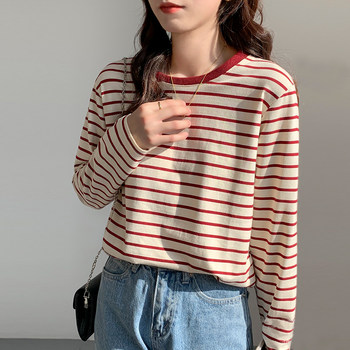 Chic Red and White Striped Round Neck Long-Sleeved T-Shirt for Women, Early Autumn New Korean Style Pure Cotton Color-Blocking Casual Loose Base Shirt