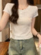 White High-End Half-Open Collar Buttoned Short-Sleeve T-Shirt for Women, New Summer Style, Bamboo Cotton, Slim Fit, Versatile Short Top ins