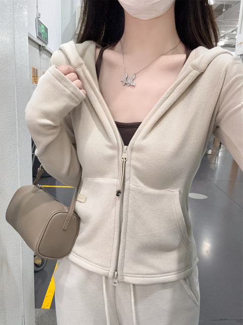 High-End and Elegant Hooded Double-Zip Cardigan for Women, 2026 Spring Korean Style Girly Brushed Long-Sleeve T-Shirt Top