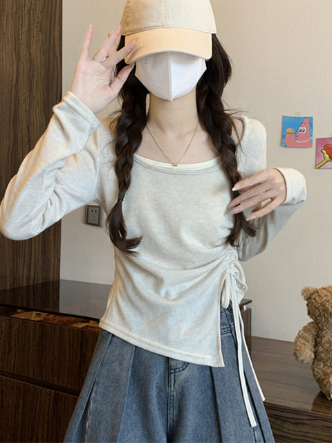 American-Style Sweet and Spicy Drawstring Ruched Long-Sleeve T-Shirt for Women, 2025 Autumn, Color-Blocking, Fake Two-Piece, Irregular Design Top