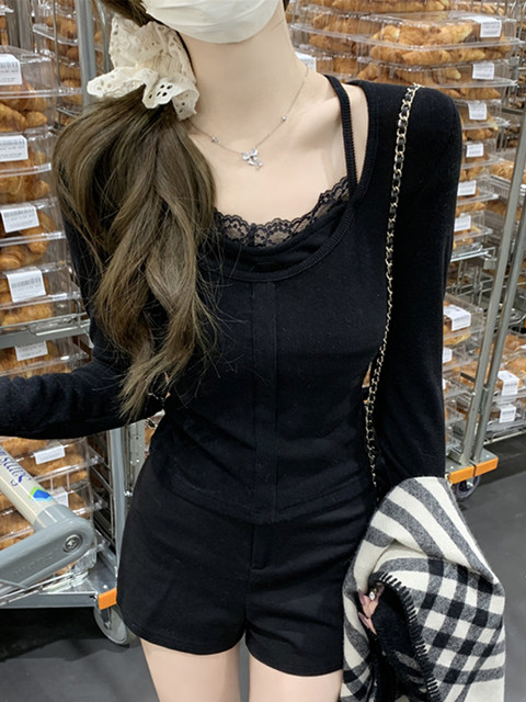 Petite Pure Desire Lace-Trimmed Faux Two-Piece T-Shirt for Women 2025 Autumn and Winter Unique Design Slim-Fit Cashmere Long-Sleeve Top